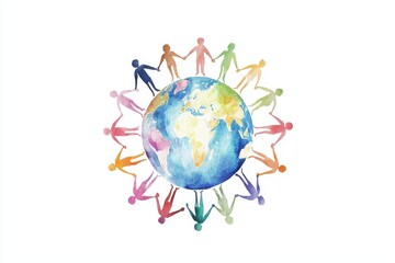 A vibrant watercolor illustration of people holding hands around the Earth, symbolizing unity and global connection.
