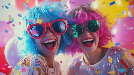 Friends in bright wigs celebrating carnival with ballons background