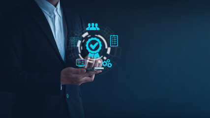 Hand thumbs up with the sign of the top service Quality assurance,service experience.ISO certification and standardization concept,  Guarantee,  satisfaction, Standards.