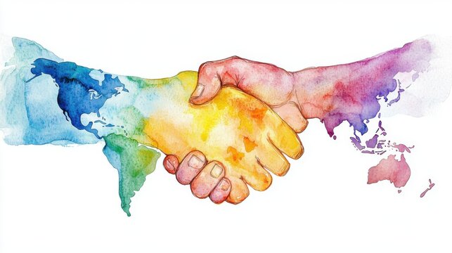 Colorful watercolor painting of a handshake representing unity and collaboration across diverse cultures and continents.