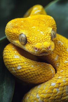 Yellow python curled up resting on a branch