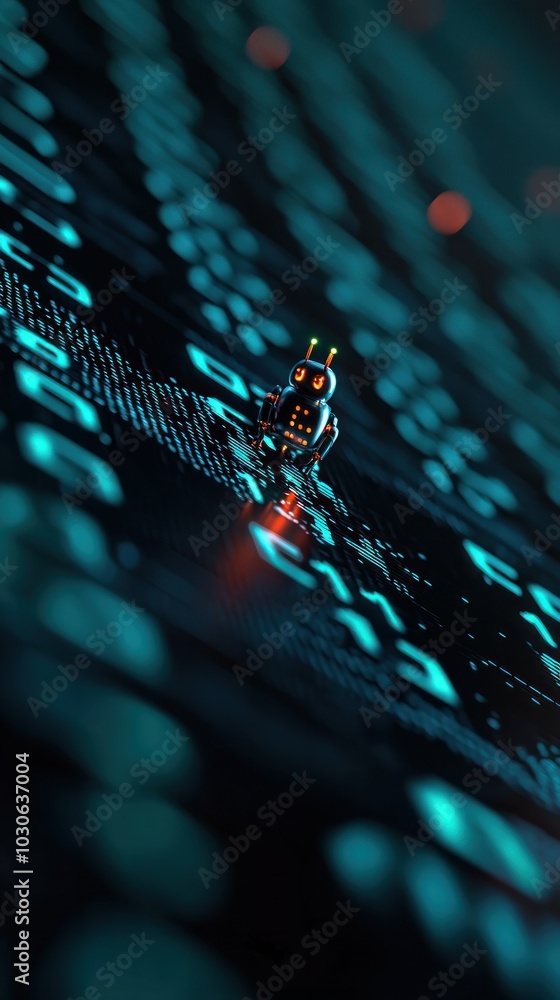 Poster a futuristic robot standing tall amidst digital encryption symbols, a visual representation of predi