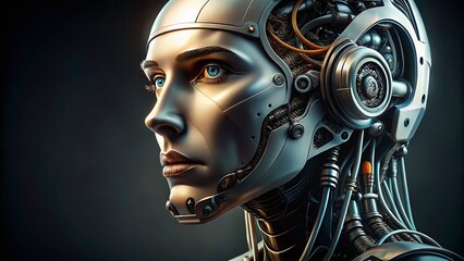 Futuristic Robot Head with Human Face Isolated on Gray Background for Innovative Technology Imagery