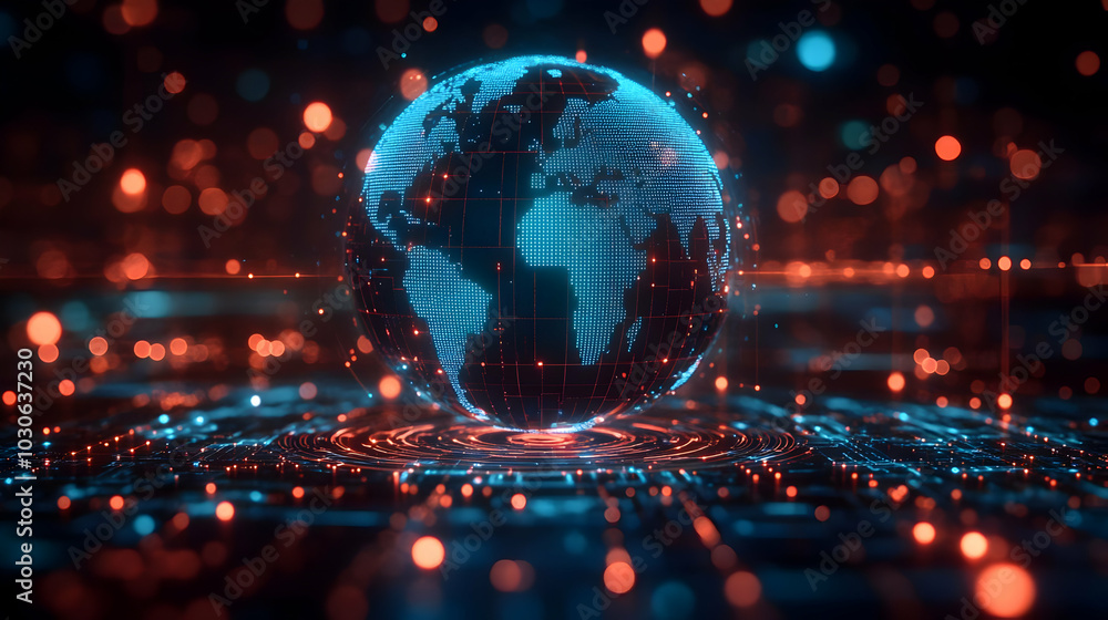 Poster digital globe with glowing connections on a tech background.