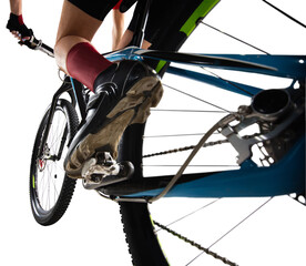 Close up professional female cyclist young woman on road bike bicycle against transparent...