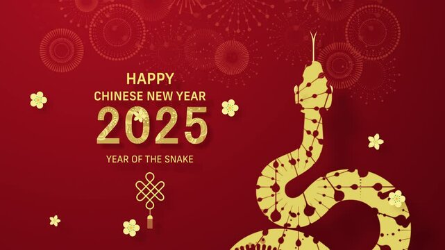 Chinese New Year 2025. Year of the Snake Celebration. Elegant greeting design for Chinese New Year 2025, featuring a golden snake, firework patterns, and festive wishes on a red background.