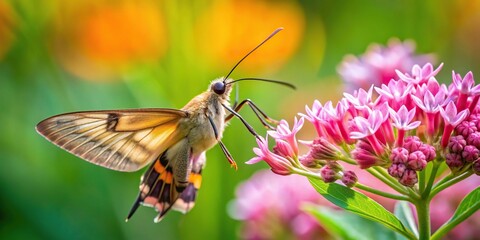 Naklejka premium Hummingbird Moth Hemaris Thysbe Clearwing feeding on Rose Milkweed nectar in Pollinator Garden with Leading Lines