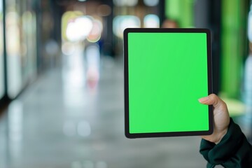 Application mockup woman in her 30s holding a tablet with a completely green screen