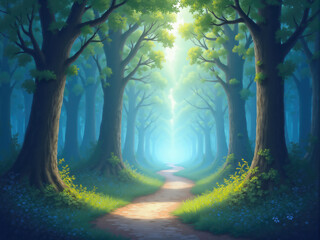 Magical forest path leading to a bright light