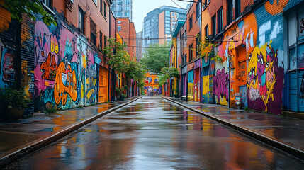 Fototapeta premium Vibrant urban alley with colorful street art and wet pavement.