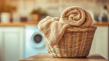 Obraz premium Freshly Washed, Fluffy Beige Towels Folded in a Wicker Basket, Laundry Day, Cozy Home Interior