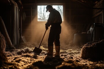Senior farmer working with a shovel in the barn at sunset