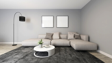 Living room with two square frame mockups on a gray wall and interior decoration. 3D rendering, interior design, 3D illustration