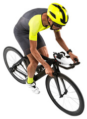 Fast ride, racing. Portrait of male bicyclist, young woman on road bike against transparent...