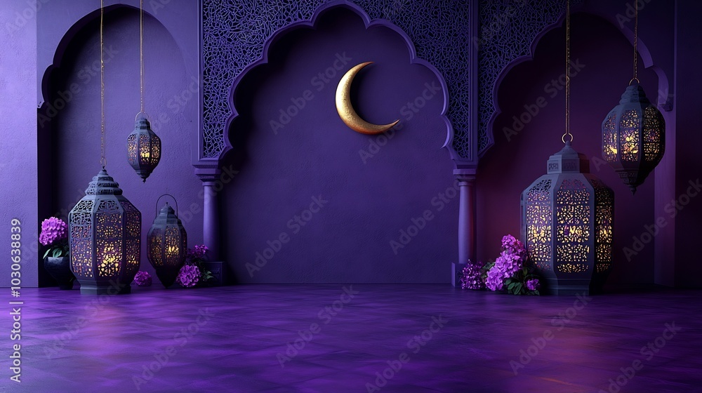 Poster modern paper cut design with sharp geometric lanterns and crescent moons arranged symmetrically in a