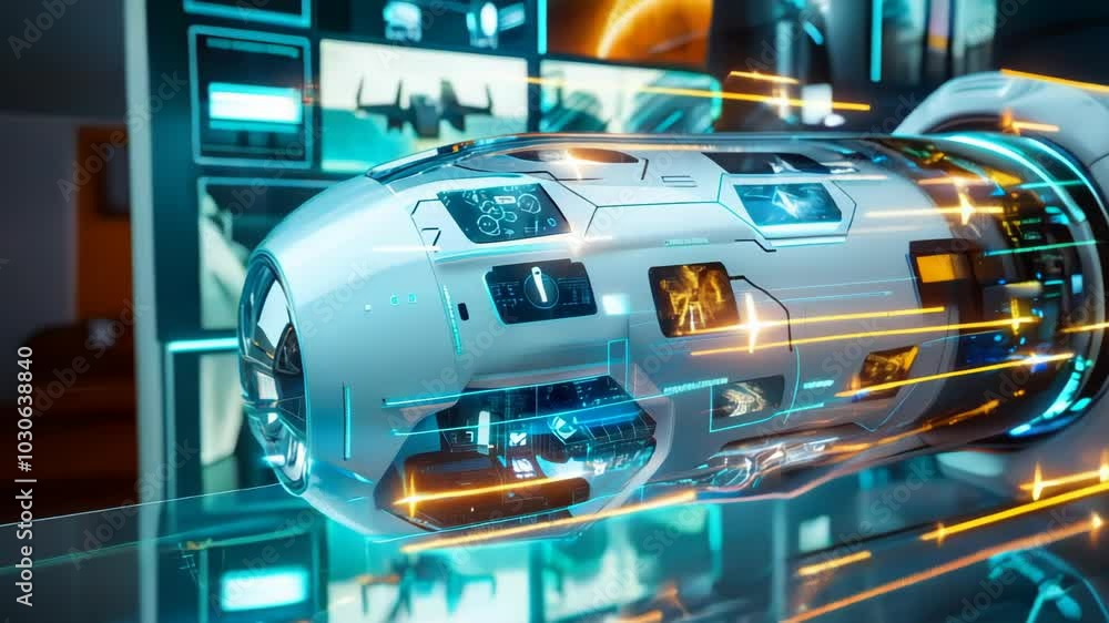 Poster futuristic portable device in advanced technology environment with dynamic digital displays and info
