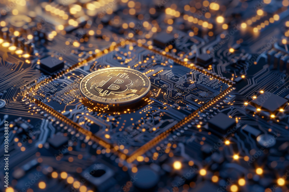 Poster close-up on a 3d bitcoin coin on a circuit board symbolizing the technological foundation of cryptoc