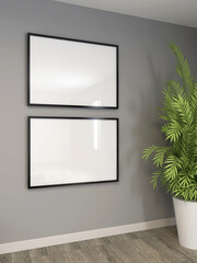 Living room with two horizontal frame mockups on a gray wall and interior decoration. 3D rendering, interior design, 3D illustration