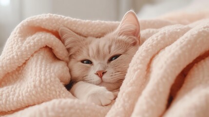 A cute orange tabby kitten snuggles under a soft pink blanket.