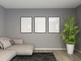 Living room with three vertical frame mockup on a gray wall and interior decoration. 3D rendering, interior design, 3D illustration