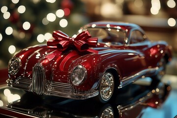 Fototapeta premium Red toy car with red bow on hood sitting on reflective surface