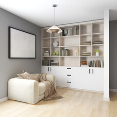 Living room with a horizontal frame mockup on a gray wall, library and interior decoration. 3D rendering, interior design, 3D illustration