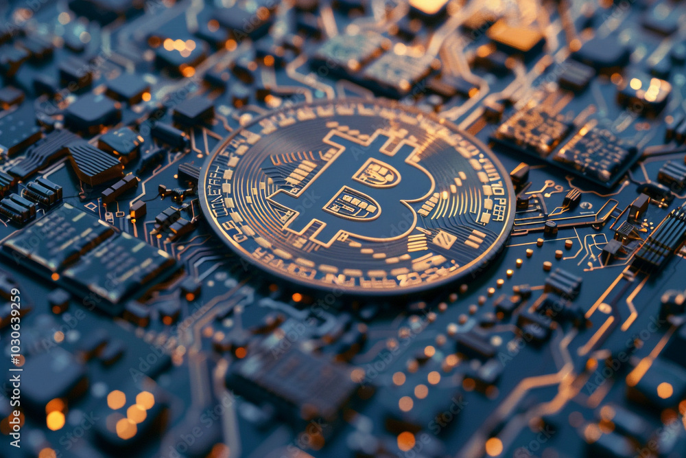 Aufkleber close-up on a 3d bitcoin coin on a circuit board symbolizing the technological foundation of cryptoc