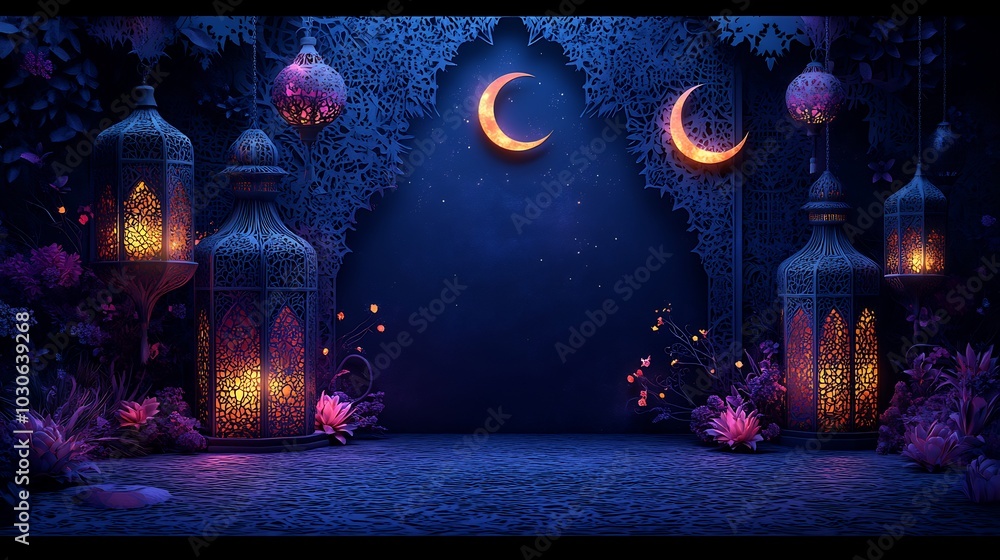 Poster modern paper cut design with sharp geometric lanterns and crescent moons arranged symmetrically in a