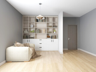 Living room with library and interior decoration with armchair. 3D rendering, interior design, 3D illustration