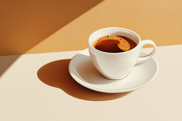 Obraz premium White coffee cup casting a shadow on beige background