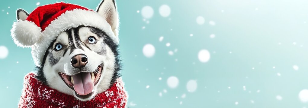 Smiling Husky Dog in Santa Hat - Perfect for Christmas banner with copy space for product design.