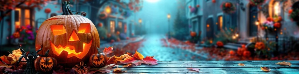A glowing jack o lantern sits on a street lined with houses, surrounded by fallen autumn leaves, creating a spooky Halloween atmosphere in a quiet neighborhood

