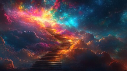 Fototapeta premium A stairway to heaven with bright colors and a starry night sky above.