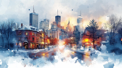 Winter cityscape with snow-covered streets and glowing lights