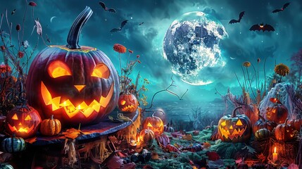 Naklejka premium A group of glowing jack o lanterns under a full moon, surrounded by fallen leaves and bats, creating an eerie Halloween forest scene