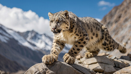 Fototapeta premium Snow Leopard Leaping Over Rocks in the Mountains