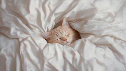 A ginger cat curled up asleep under white bedsheets.