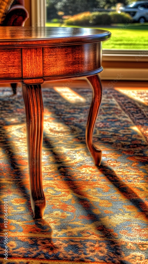 Poster sunlight streams through a window onto a wooden coffee table and patterned rug.