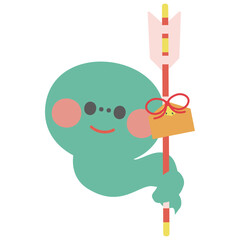 破魔矢にまきついたかわいいへびのイラスト