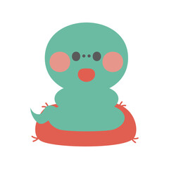座布団に乗っている笑顔のかわいいへびのイラスト