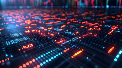 Obraz premium Abstract digital landscape with glowing circuits and data patterns.