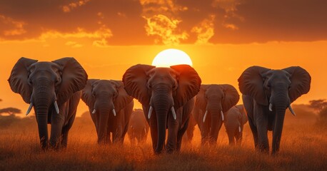 A group of elephants walking in front of a sunset