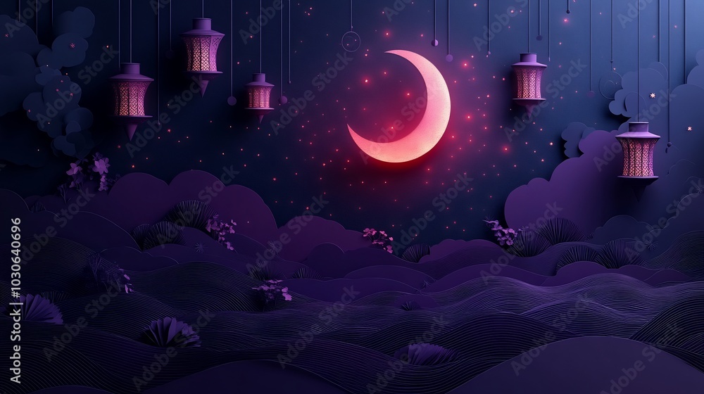 Poster modern paper cut design with sleek lanterns and crescent moons floating against a deep purple backgr