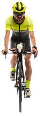 Portrait of male cyclist, young man on road bike riding straight against transparent background....