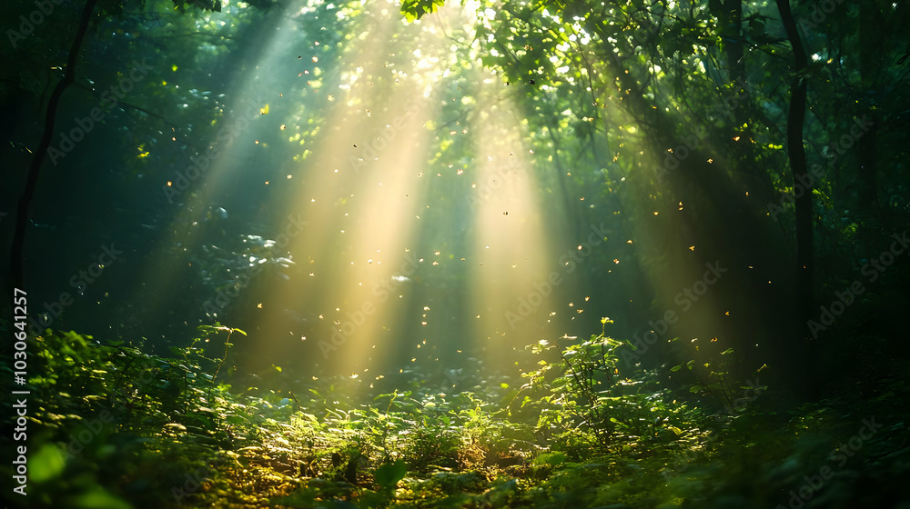 Poster sunlight filtering through trees in a serene forest setting.