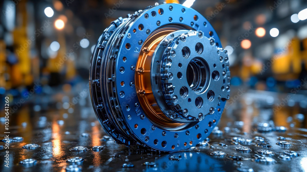 Poster detailed view of a high-performance disc brake system with glowing elements, emphasizing its precisi