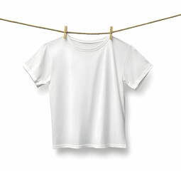 White t-shirt hanging on a clothesline with wooden clothespins.