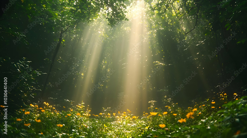 Poster sunlight filters through trees in a serene forest with flowers.