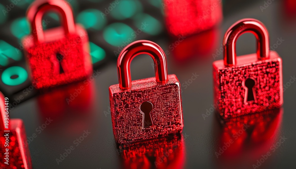 Poster a close-up image of shiny red padlocks on a dark surface, symbolizing security, protection, or encry