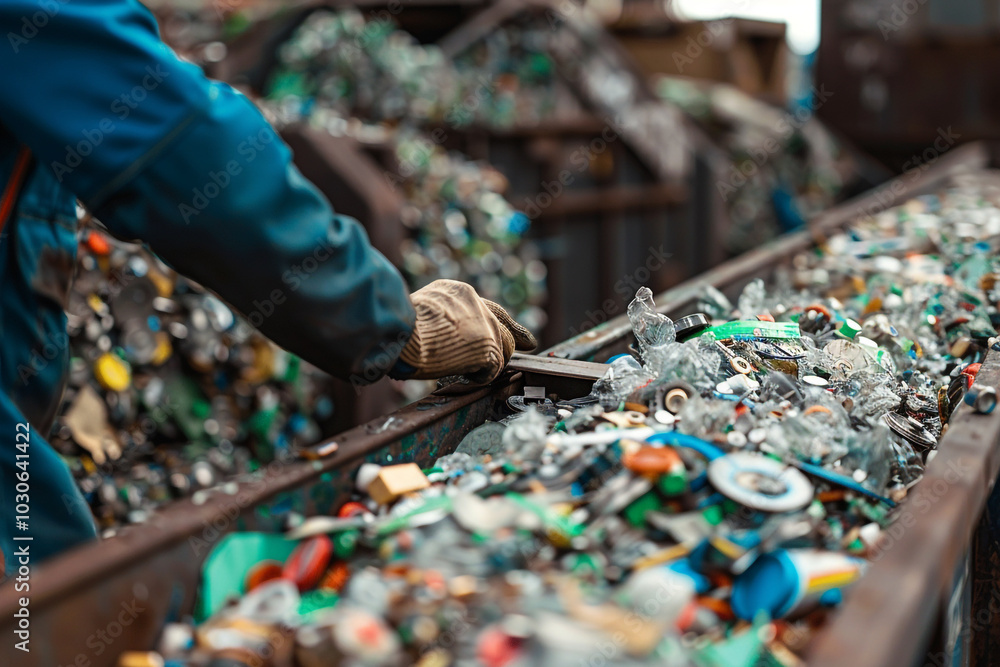 Poster close-up on a recyclable material being sorted highlighting the importance of recycling in conservat